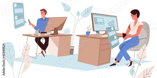 Browse social network concept in flat design. Employees uses smartphones, looks at friends photos, likes or comments, procrastinate in office. Online communication people scene. Vector illustration