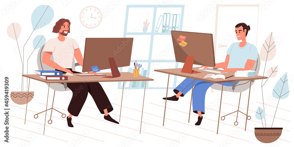 Business office concept in flat design. Employees working at computers sitting at workplaces, coworkers work together, teamwork. Colleagues communicate in office people scene. Vector illustration Business office concept in flat design. Employees working at computers sitting at workplaces, coworkers work together, teamwork. Colleagues communicate in office people scene. Vector illustration