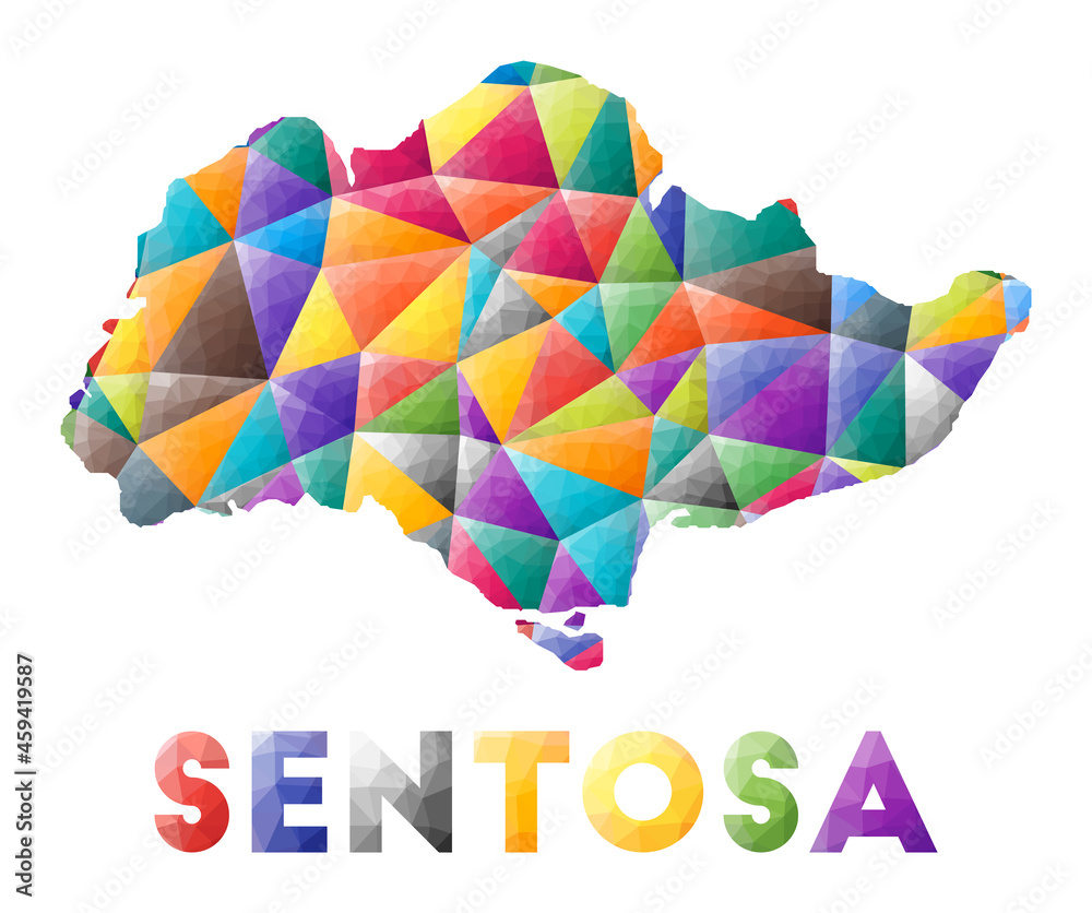 Sentosa - colorful low poly island shape. Multicolor geometric triangles. Modern trendy design. Vector illustration.