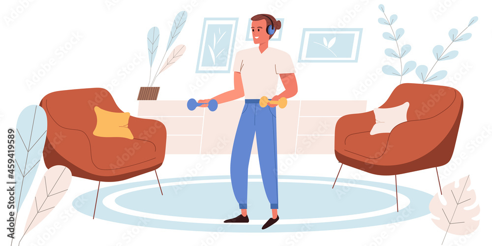Fitness at home concept in flat design. Happy man doing exercises with dumbbells in living room. Athlete trains and have healthy lifestyle. Wellness and workout people scene. Vector illustration Fitness at home concept in flat design. Happy man doing exercises with dumbbells in living room. Athlete trains and have healthy lifestyle. Wellness and workout people scene. Vector illustration