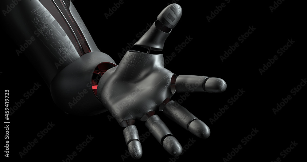 Fototapeta premium Close Up Bionic Robot Hand. AI Humanoid. Robotics And Technology 3D Illustration Render.