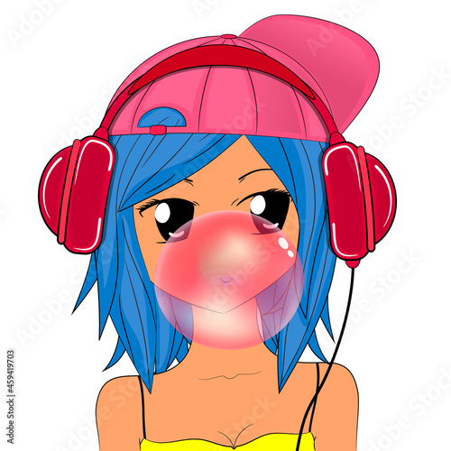 Girl with headphones inflates gum. Vector illustration.