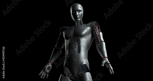 Advanced Powerful Bionic Robot Standing. AI Humanoid. Robotics And Technology 3D Illustration Render.