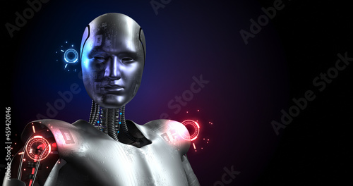Bionic Robot Analyzing And Checking. AI Humanoid Cyborg. Hud Fx. Robotics And Technology 3D Illustration Render.
