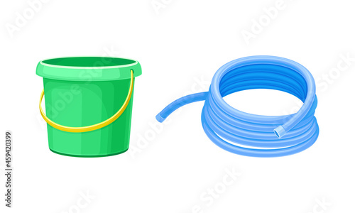Set of gardening tools. Green plastic bucket and hose cartoon vector illustration