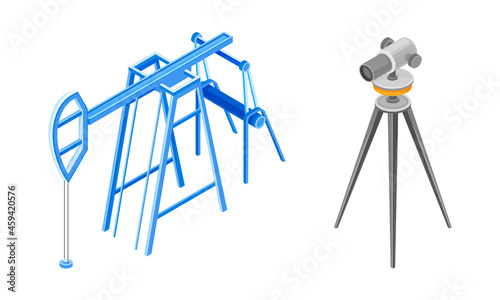 Professional lasers level on tripod and oil pump set vector illustration