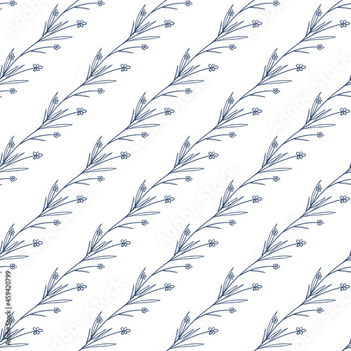 Fototapeta Naklejka Na Ścianę i Meble -  Botanical vector illustration of painted small floral template and outline drawing elements. Rustic vintage blue leaves and hand sketched flowers seamless pattern on white background.