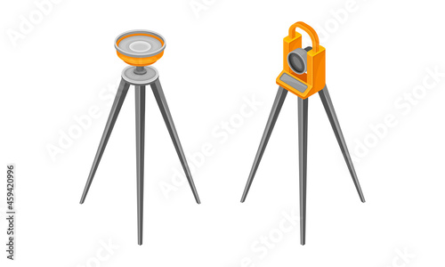 Professional lasers level on tripod set. Geological industry devices vector illustration