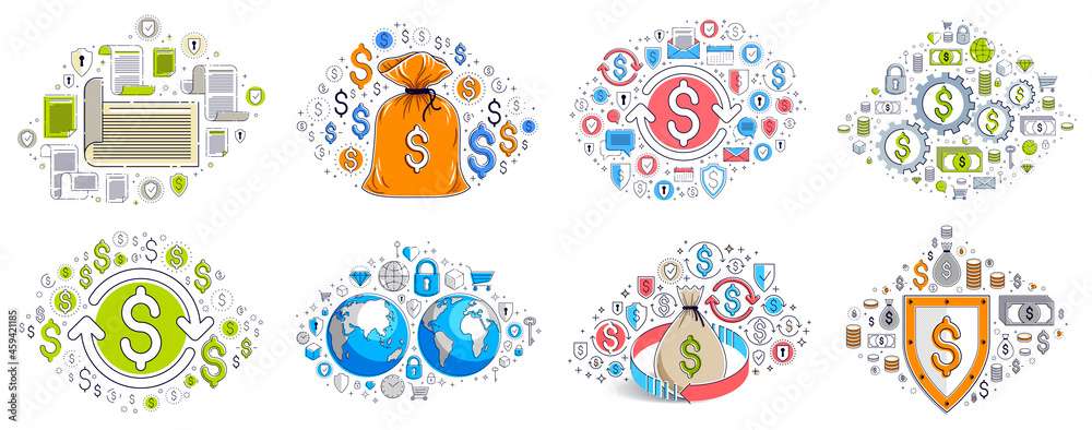 Different business money and finance concepts vector illustrations set, trendy design drawings commercial theme collection, a lot of icons and symbols included, elements can be used separately. Different business money and finance concepts vector illustrations set, trendy design drawings commercial theme collection, a lot of icons and symbols included, elements can be used separately.
