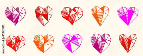 Low poly geometric hearts vector icons or logos set, graphic design 3d love theme elements, polygonal dimensional hearts.