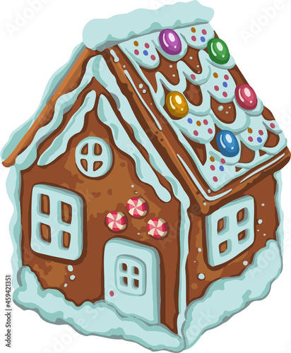 Postcard with hand drawnin gingerbread house isolated on night background. Christmas cookies and snowflakes.