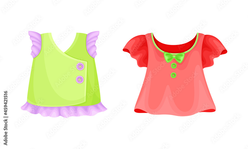 Summer clothes for little girl set. Red and green cotton blouses cartoon vector illustration Summer clothes for little girl set. Red and green cotton blouses cartoon vector illustration