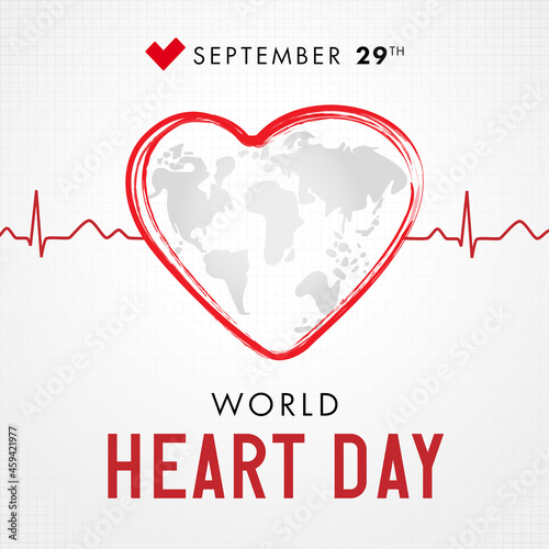World Heart day with earth and pulse trace. Heart beat shaped in globe form vector background. Illustration concept for heart day banner or poster
