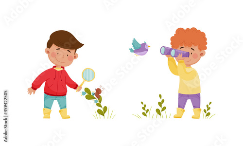 Cute kids exploring birds in forest or park set. Nature lovers watching birds through magnifying glass and binoculars cartoon vector illustration