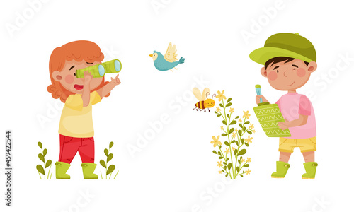 Cute kids exploring birds and insects in forest or park set. Nature lovers looking through binoculars and reading book about animals cartoon vector illustration