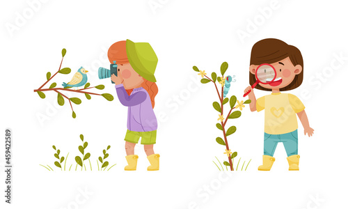 Cute kids exploring animals in forest or park set. Nature lovers photographing and looking through magnifying glass cartoon vector illustration