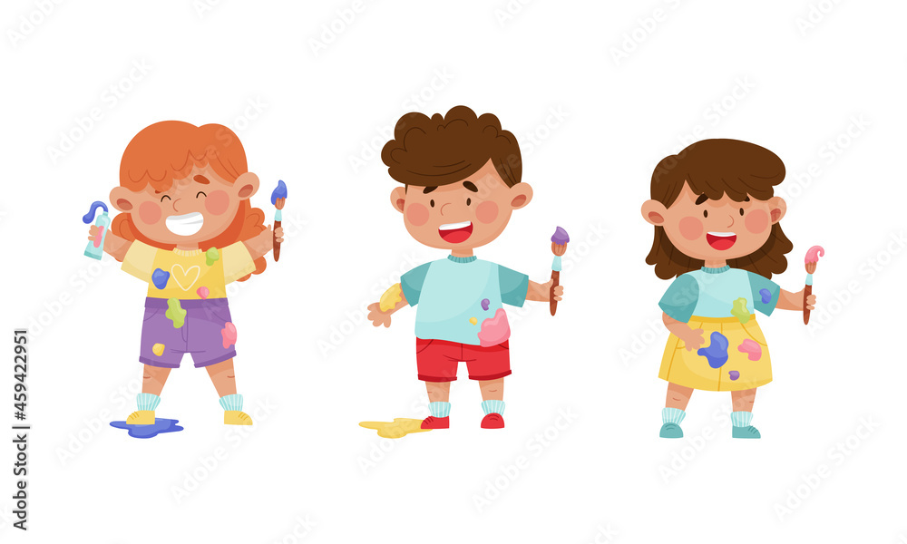 Cute funny creative boy and girls in stained clothes painting with brushes set cartoon vector illustration Cute funny creative boy and girls in stained clothes painting with brushes set cartoon vector illustration