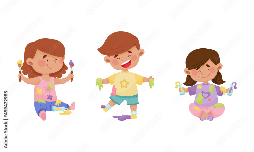Cute funny creative boy and girls in stained clothes painting with paints and brushes set cartoon vector illustration Cute funny creative boy and girls in stained clothes painting with paints and brushes set cartoon vector illustration