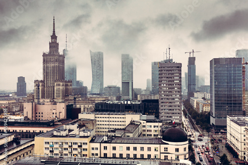 Warsaw, Poland panorama, dark clouds and fog © Photocreo Bednarek