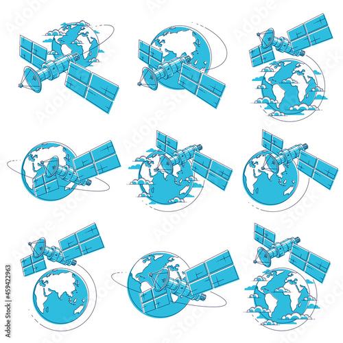 Fototapeta Naklejka Na Ścianę i Meble -  Satellites orbiting around earth, spaceflight, communication spacecraft space station with solar panels and satellite antenna plate. Thin line 3d vector illustrations set isolated over white.