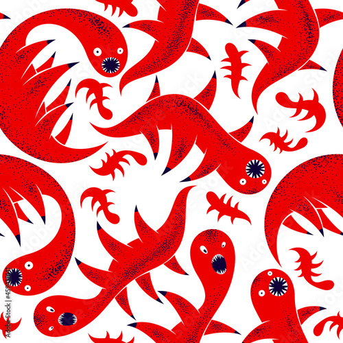 Scary horror monsters seamless vector textile pattern  beasts creatures endless wallpaper  stylish background for Halloween theme  funny picture.