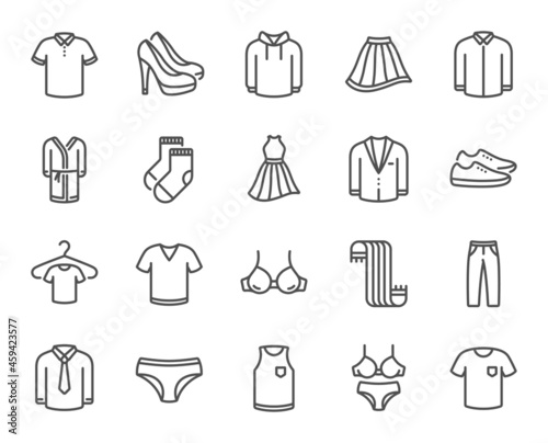 Clothes line icons. T-shirt  Footwear and bathrobe icons. Hoody sweatshirt  T-shirt with hanger and suit. Skirt  Women dress and high heels shoes. Socks  panties with bra and bathrobe. Vector