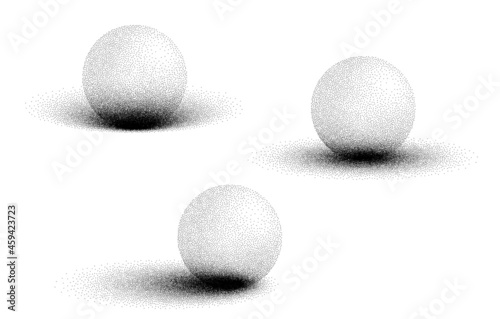 Dotwork 3D Spheres vector background. Sand grain effect. Black noise stipple dots. Abstract noise dotwork balls. Black dots grunge round elements. Stipple circles. Dotted vector spheres.