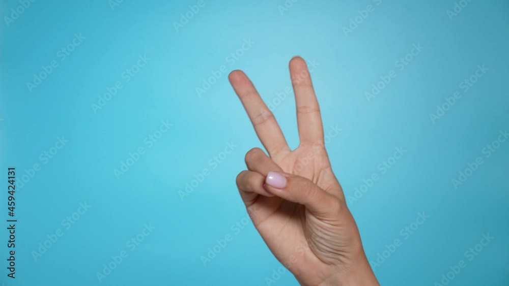 Closeup 4k video of caucasian adult female hand showing victory sign isolated on blue background. Young woman shows 2 fingers while counting. Nails with pink manicure Closeup 4k video of caucasian adult female hand showing victory sign isolated on blue background. Young woman shows 2 fingers while counting. Nails with pink manicure