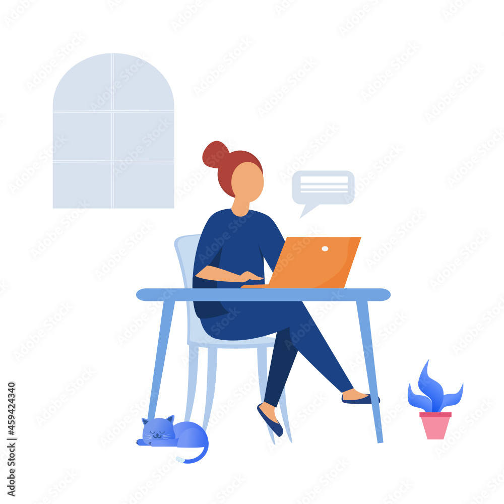The lady sitting on the chair and working.work from home.freelance working online.vector design.