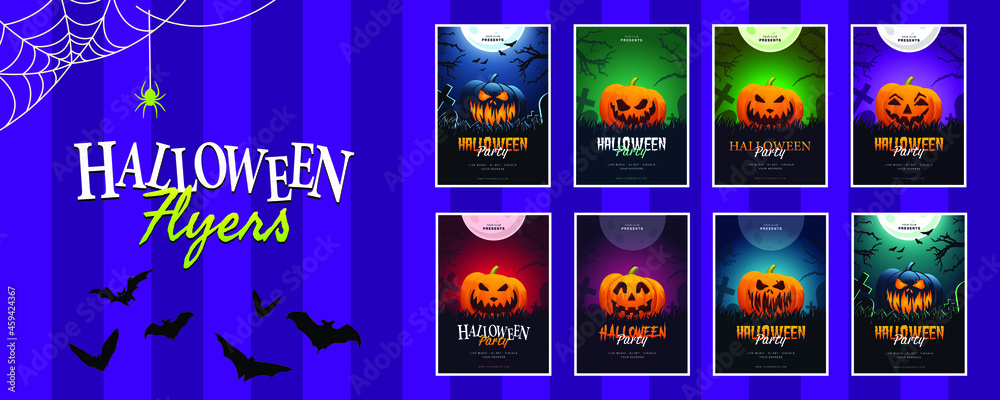 Obraz premium Collection of Halloween flyers, set of eight graphic templates for posters with pumpkins in dark graveyard. Bats, spiders, tombstones, webs and spooky trees. 