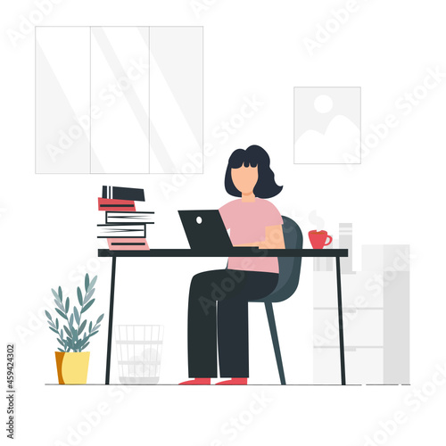 The lady sitting on the chair and working.work from home.freelance working online.vector design.