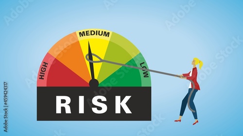 Risk scale. Try to hold down danger. Finance and economy concept. Vector illustration. Dimension 16:9, EPS10.