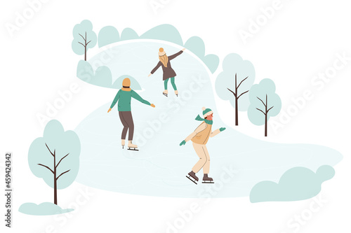 People skating on the ice rink outdoors. Joyful children glide along the frozen lake. Kids winter leisure. Flat vector illustration isolated on white background.