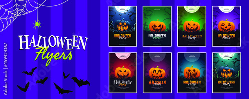 Collection of Halloween flyers, set of eight graphic templates for posters with pumpkins in dark graveyard. Bats, spiders, tombstones, webs and spooky trees. 