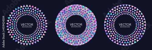 Set of colorful circle frames with holographic gradient iridescent triangles. Vector illustration. Gradients swatches included