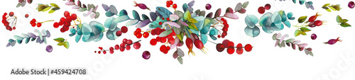 Watercolor floral border of eucalyptus branches, rowan berries, rose hips, holly. Can be used as an autumn and winter Christmas New Year's decor
