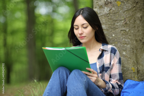 Asian student learning reading notes in a park