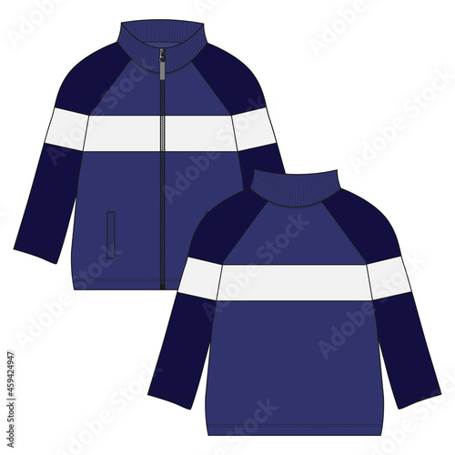Two tone Navy blue, navy color long sleeve jacket with chest stripe overall technical fashion flat sketch drawing clothing vector illustration template front, back views. Warm up Apparel sweat jacket 