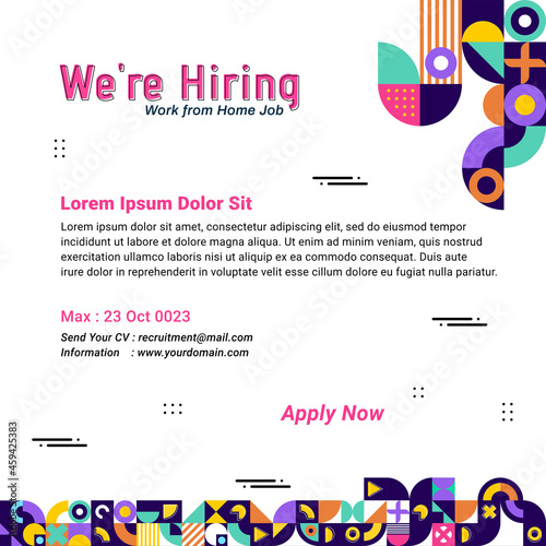 Recruitment advertising template. Colorful geometric background. Job vacancy poster geometrical shapes. Flyer promotion modern decorative patterns square.