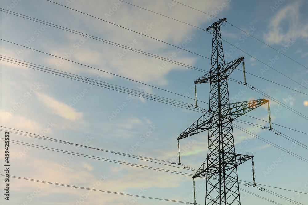 Telephone pole with cables under blue sky outdoors Telephone pole with cables under blue sky outdoors