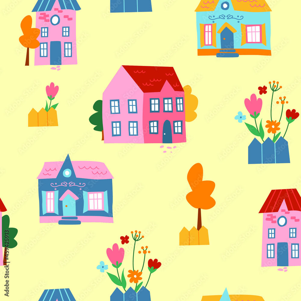 Vector seamless pattern with cute houses, trees, flowers and fence. Trendy modern texture for textile,  fabric, wallpaper.