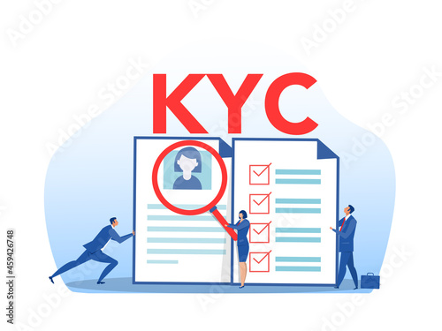 KYC or know your customer with business verifying the identity of its clients concept at the partners-to-be through a magnifying glass vector illustrator