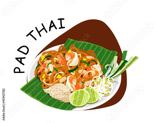 Isolated Pad Thai, Thai noodles fried with shrimp, eggs, chicken, bean sprout and chives serve with roasted peanuts crackers, bean sprout, chives and lemon. Famous Thai food vector illustration.  