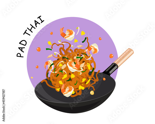 Isolated Pad Thai coming up from steel pan, Thai noodles fried with shrimp, eggs, chicken, bean sprout and chives. Famous Thai food cooking vector illustration.   photo