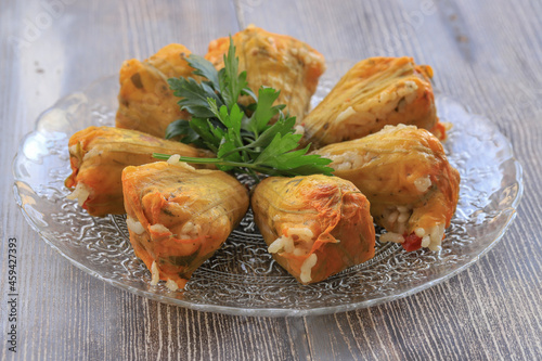 Traditional delicious Turkish - Greek cuisine, Turkish food; Stuffed zucchini flowers (Turkish name; kabak cicegi dolmasi)