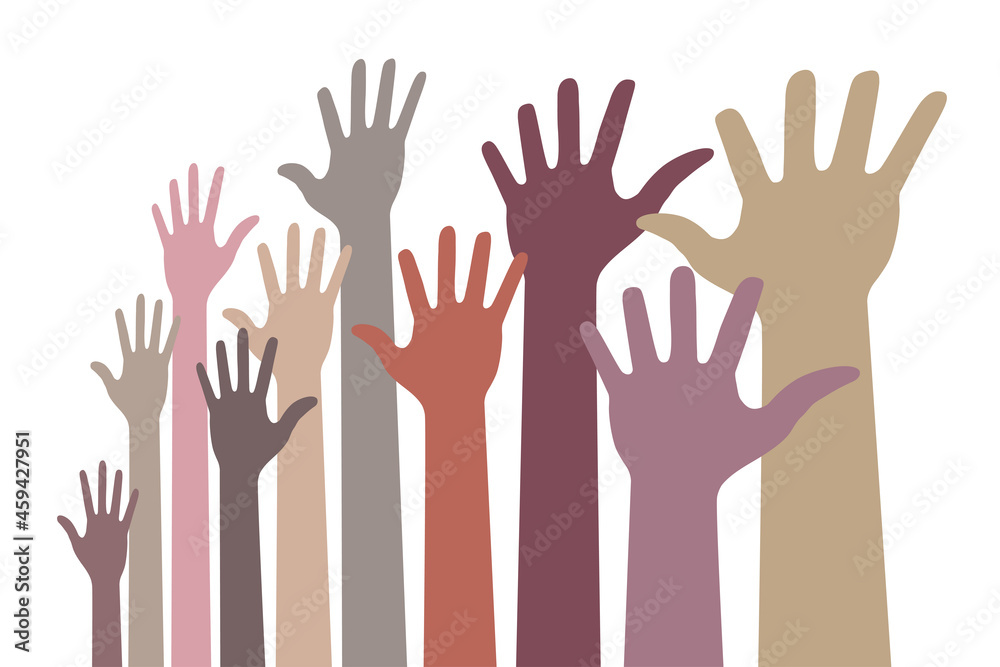 Monochrome up hands colorful distort icon. Raised hands in perspective. Vector logo distorted illustration