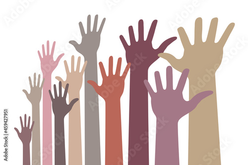 Monochrome up hands colorful distort icon. Raised hands in perspective. Vector logo distorted illustration