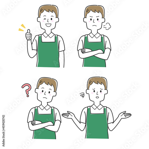 いろんな表情のエプロンを着た店員のセット