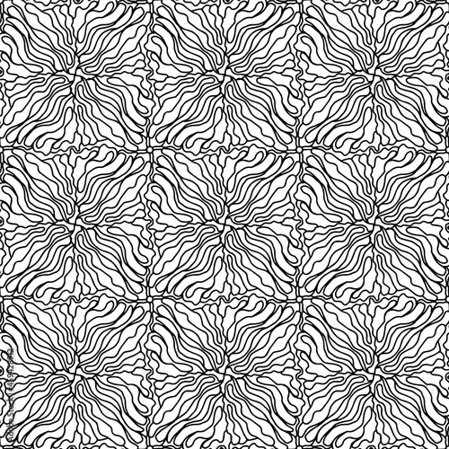 seamless pattern with flowers and linear figures drawn on a white background, black and white vector