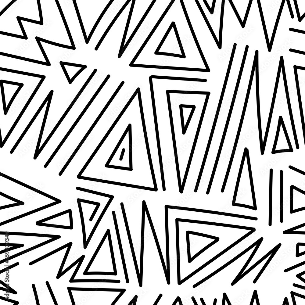 Seamless abstract black pattern on white background. Vector doodle image. Graphic triangles ornament. Seamless abstract black pattern on white background. Vector doodle image. Graphic triangles ornament.